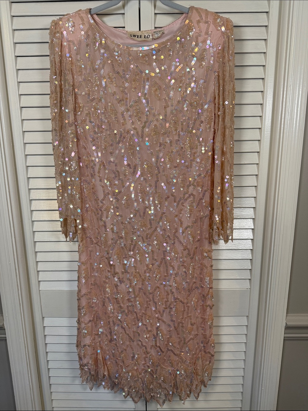 VTG Swee Lo Pink Silk Sequin Beaded Leaf Cocktail Dress Small